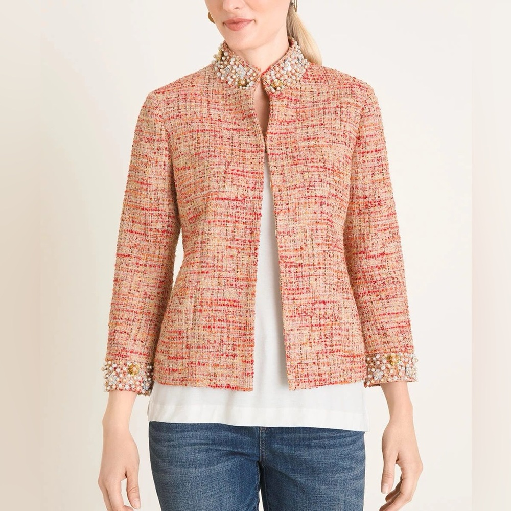 Chico's Embellished Tweed Jacket Womens 12‎ Career Artsy Spring Career Preppy